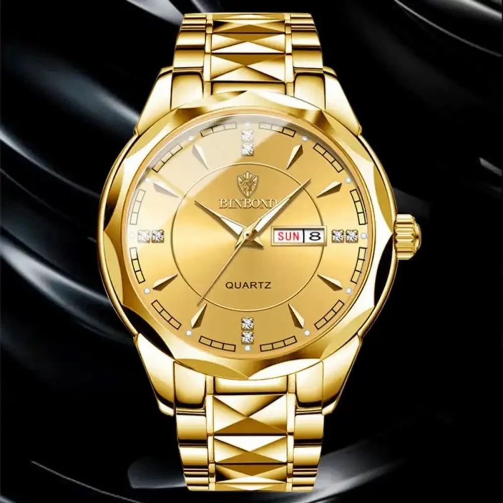 Binbond Business Gold Watch For Men Luxury Original Waterproof Stainless Steel