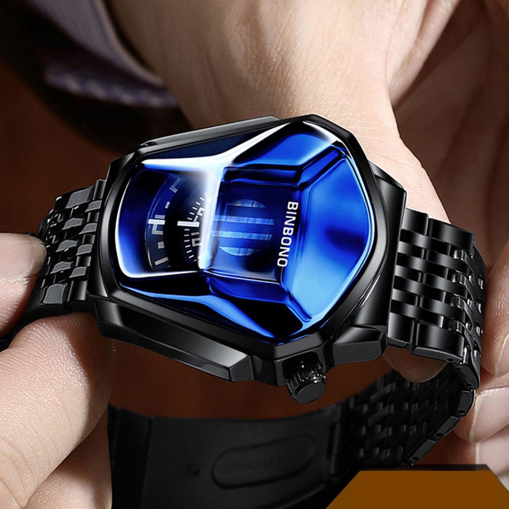 BINBOND Golden Blue Fashion Men Watch Creative Dila Geometric Shape Cool Locomotive Men Stainless Steel Strap Quartz Watch